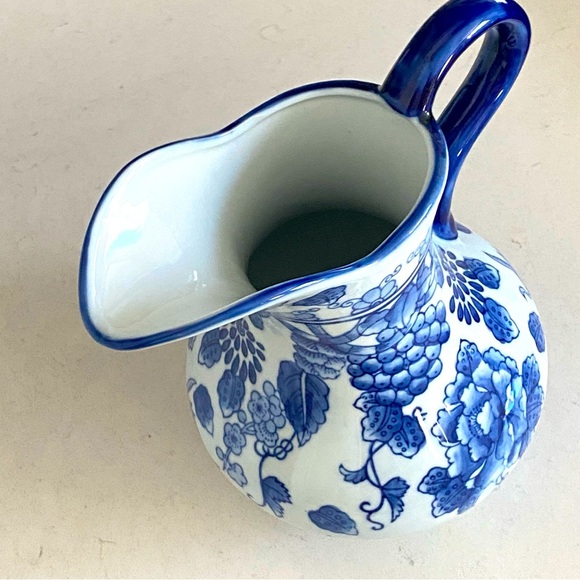 Asian Blue and White Floral Porcelain Pitcher - Picture 2 of 8
